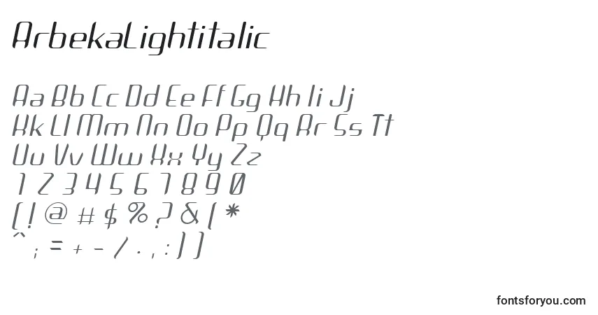 Czcionka ArbekaLightitalic – alfabet, cyfry, specjalne znaki