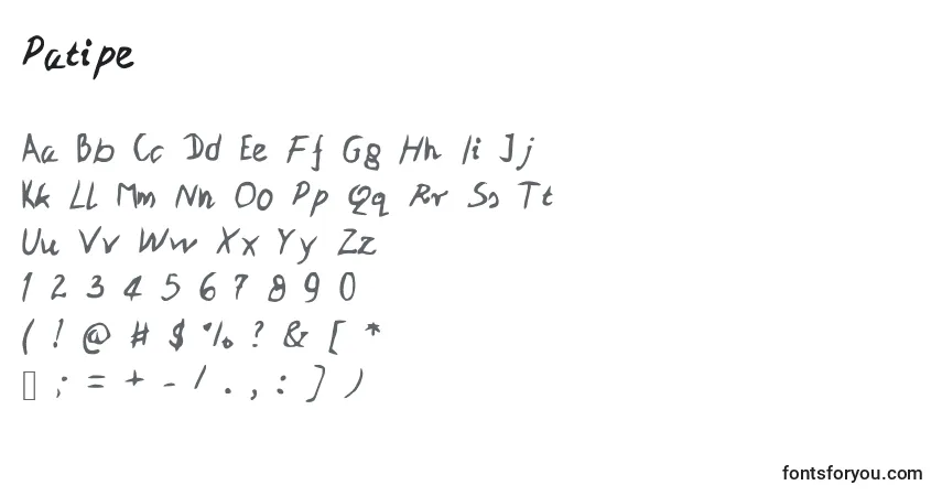 Czcionka Patipe – alfabet, cyfry, specjalne znaki