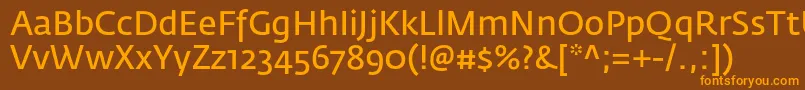 フォントFedrasansproNormal – オレンジ色の文字が茶色の背景にあります。