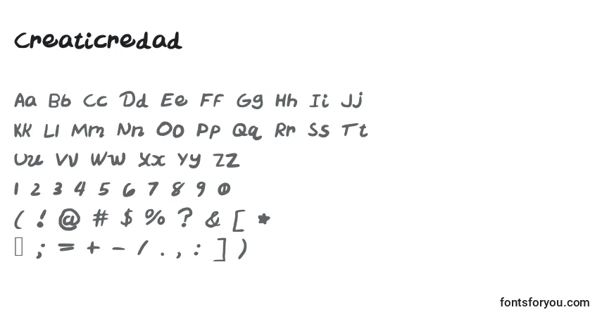 Czcionka Creaticredad – alfabet, cyfry, specjalne znaki