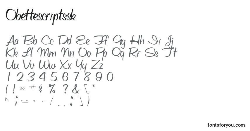 Czcionka Obettescriptssk – alfabet, cyfry, specjalne znaki