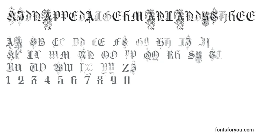 A fonte KidnappedAtGermanLandsThree – alfabeto, números, caracteres especiais