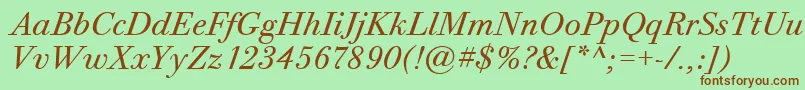 Fonte BodoniTwelveItcTtBookitalic – fontes marrons em um fundo verde