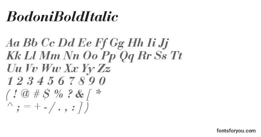 Czcionka BodoniBoldItalic – alfabet, cyfry, specjalne znaki