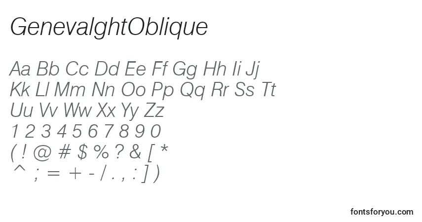 Czcionka GenevalghtOblique – alfabet, cyfry, specjalne znaki