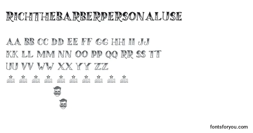 Schriftart RichTheBarberPersonalUse – Alphabet, Zahlen, spezielle Symbole