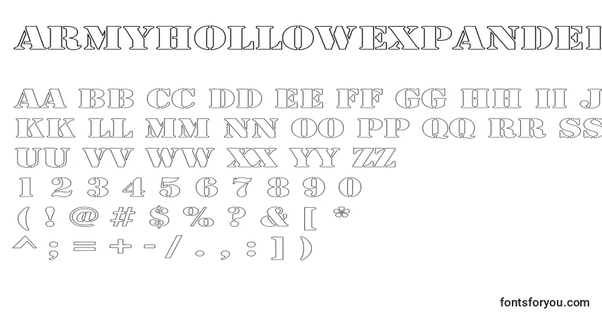 Czcionka ArmyHollowExpanded – alfabet, cyfry, specjalne znaki