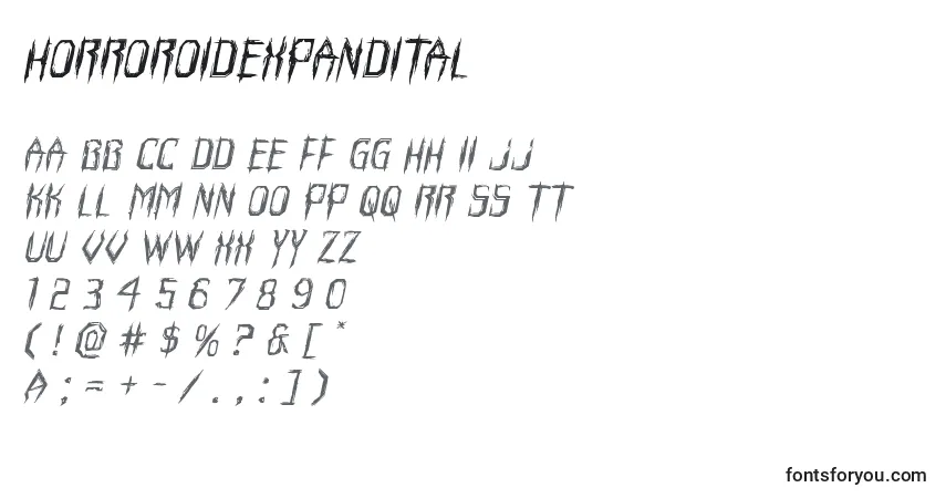 Czcionka Horroroidexpandital – alfabet, cyfry, specjalne znaki