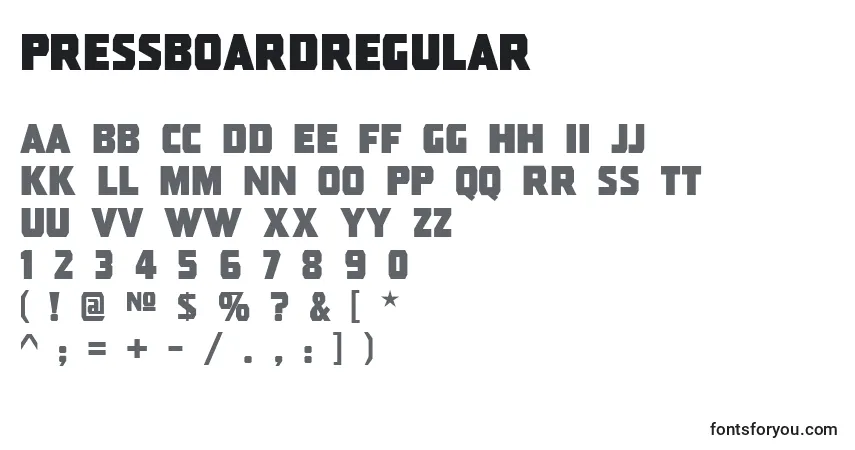 A fonte Pressboardregular – alfabeto, números, caracteres especiais