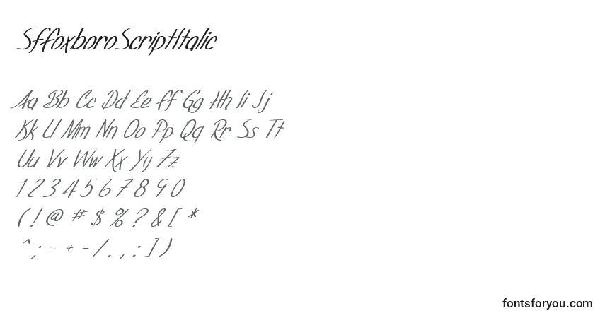 Czcionka SfFoxboroScriptItalic – alfabet, cyfry, specjalne znaki