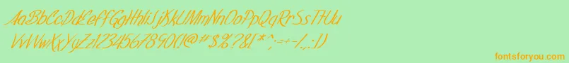 フォントSfFoxboroScriptItalic – オレンジの文字が緑の背景にあります。