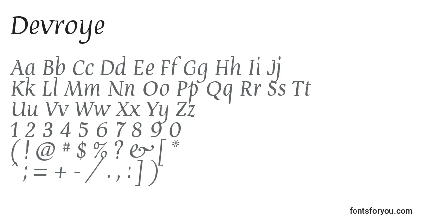 A fonte Devroye – alfabeto, números, caracteres especiais