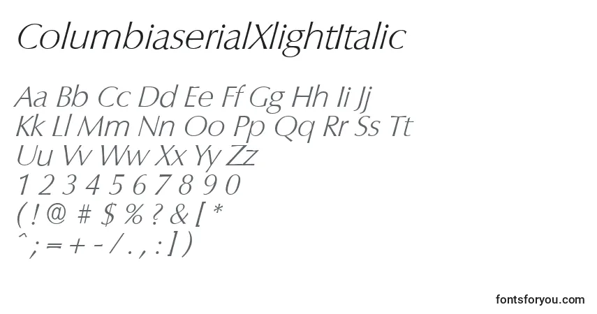 A fonte ColumbiaserialXlightItalic – alfabeto, números, caracteres especiais