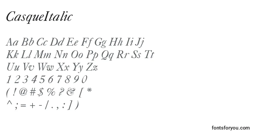 Czcionka CasqueItalic – alfabet, cyfry, specjalne znaki