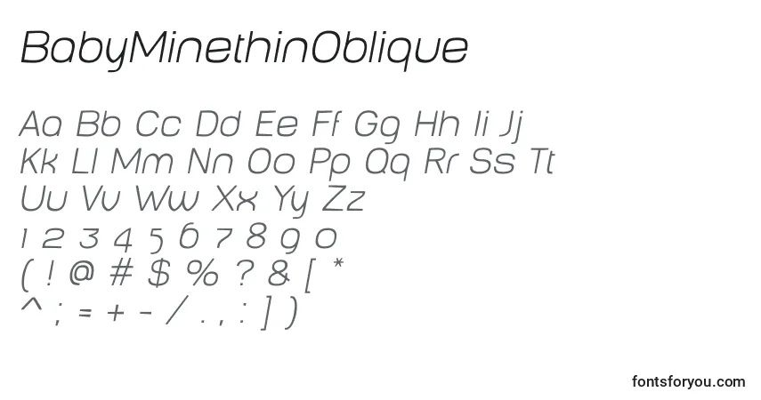 Schriftart BabyMinethinOblique – Alphabet, Zahlen, spezielle Symbole
