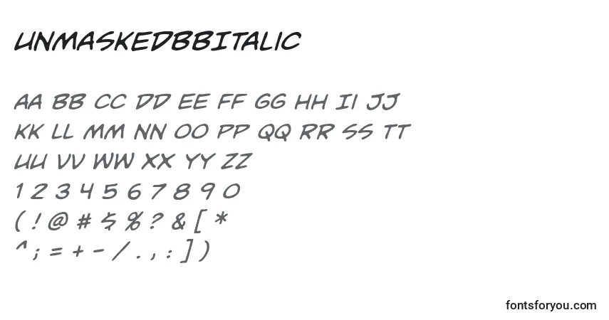 Czcionka UnmaskedBbItalic – alfabet, cyfry, specjalne znaki