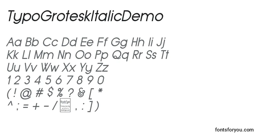 TypoGroteskItalicDemo-fontti – aakkoset, numerot, erikoismerkit