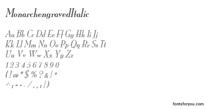 Schriftart MonarchengravedItalic – Alphabet, Zahlen, spezielle Symbole