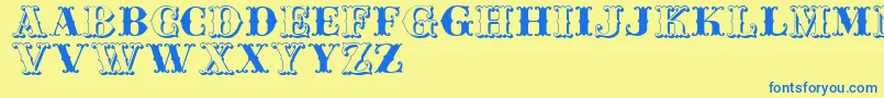 フォントJfferrul – 青い文字が黄色の背景にあります。