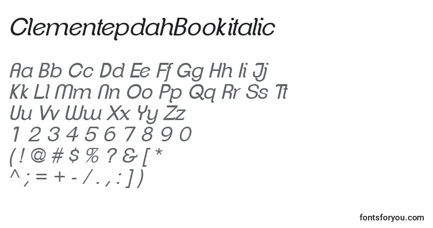 Шрифт ClementepdahBookitalic – алфавит, цифры, специальные символы