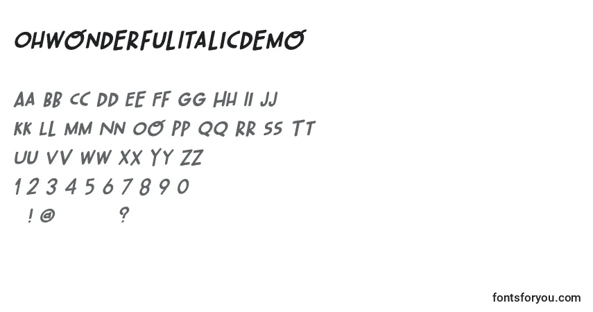 Schriftart OhWonderfulItalicDemo – Alphabet, Zahlen, spezielle Symbole