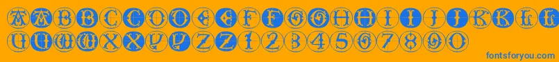 Toscanbuttons-Schriftart – Blaue Schriften auf orangefarbenem Hintergrund