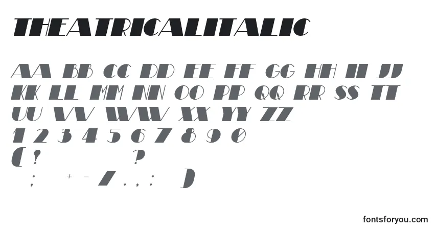 Schriftart TheatricalItalic – Alphabet, Zahlen, spezielle Symbole