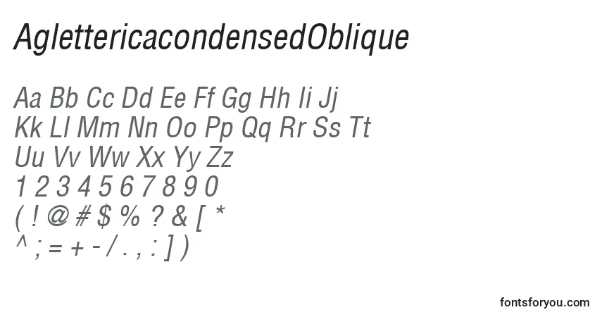 A fonte AglettericacondensedOblique – alfabeto, números, caracteres especiais