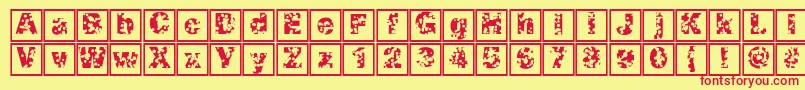 Swisscheeseframes-Schriftart – Rote Schriften auf gelbem Hintergrund