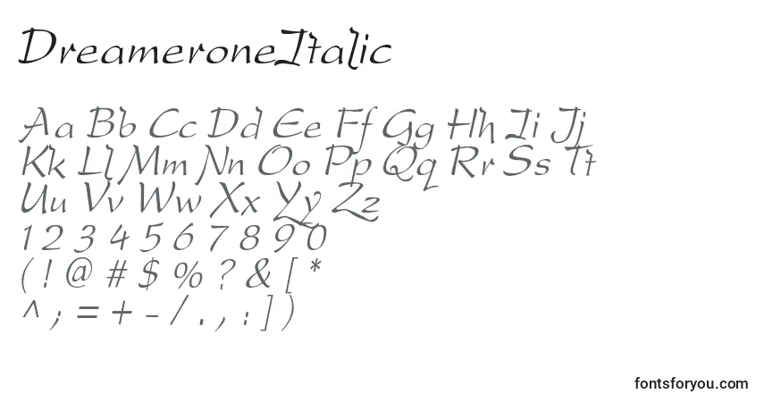 Czcionka DreameroneItalic – alfabet, cyfry, specjalne znaki