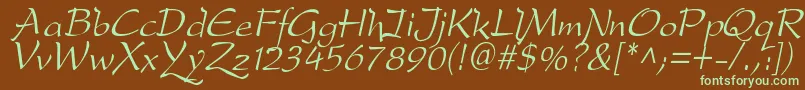 フォントDreameroneItalic – 緑色の文字が茶色の背景にあります。