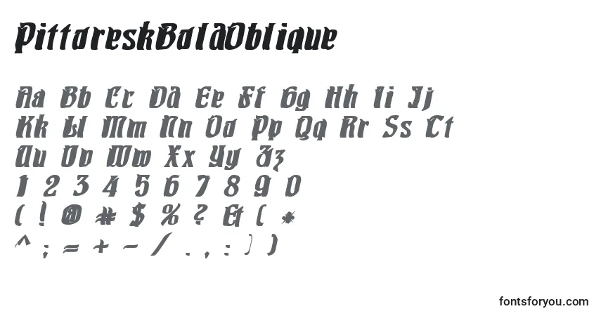 Czcionka PittoreskBoldOblique – alfabet, cyfry, specjalne znaki