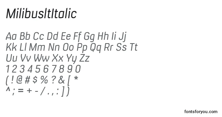 Шрифт MilibusltItalic – алфавит, цифры, специальные символы
