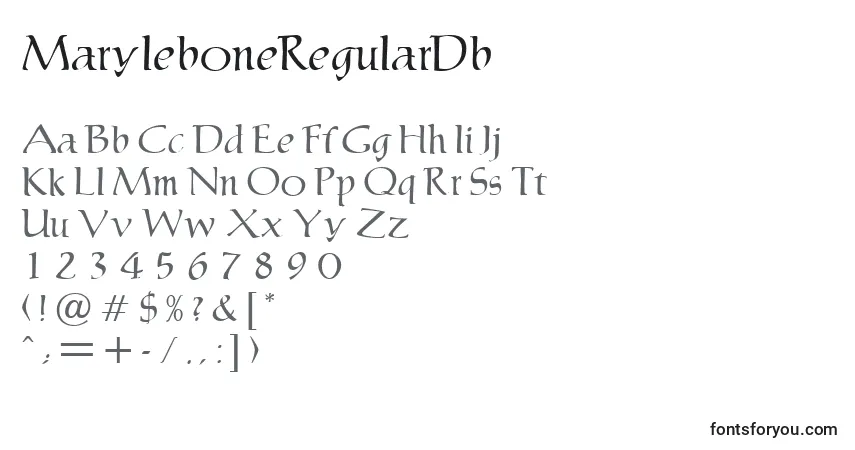 A fonte MaryleboneRegularDb – alfabeto, números, caracteres especiais