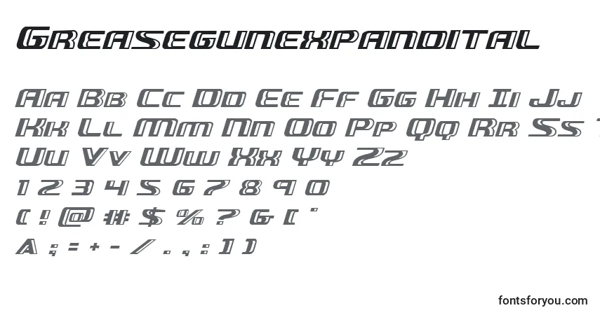 Greasegunexpandital-fontti – aakkoset, numerot, erikoismerkit