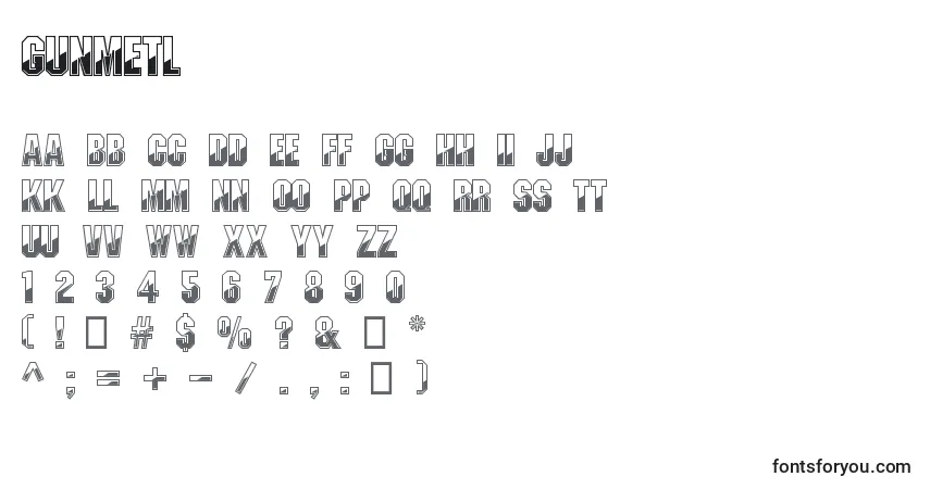 Schriftart Gunmetl – Alphabet, Zahlen, spezielle Symbole