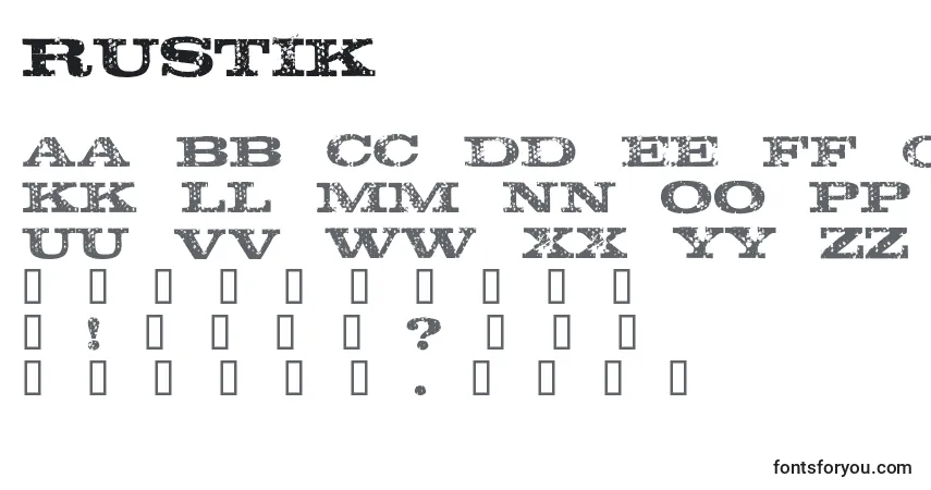 A fonte Rustik – alfabeto, números, caracteres especiais
