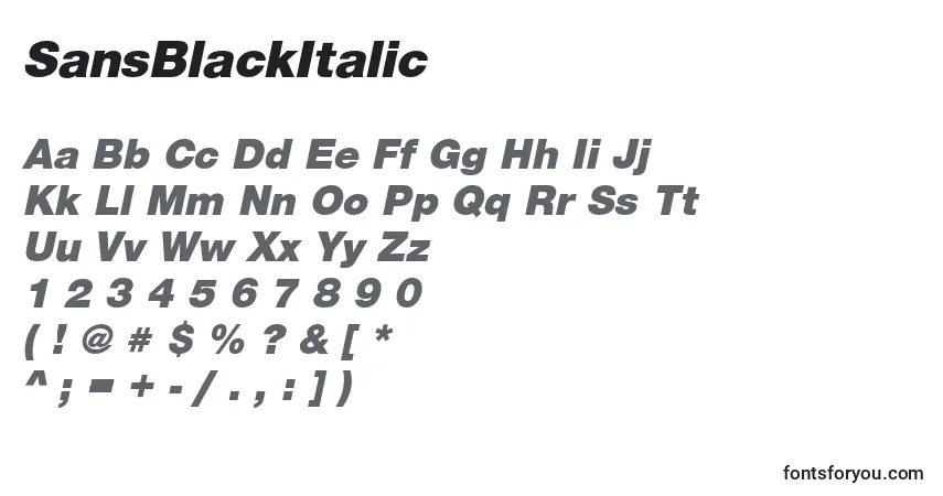 Schriftart SansBlackItalic – Alphabet, Zahlen, spezielle Symbole