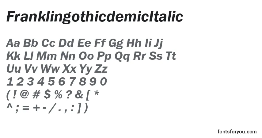 A fonte FranklingothicdemicItalic – alfabeto, números, caracteres especiais