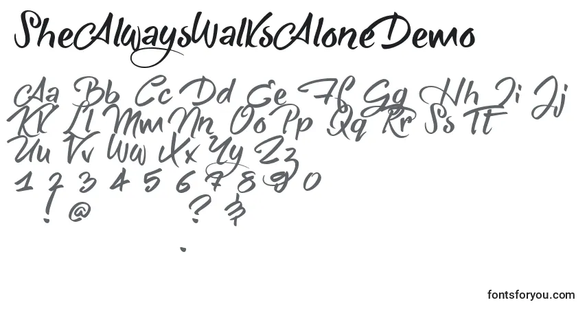 Schriftart SheAlwaysWalksAloneDemo – Alphabet, Zahlen, spezielle Symbole