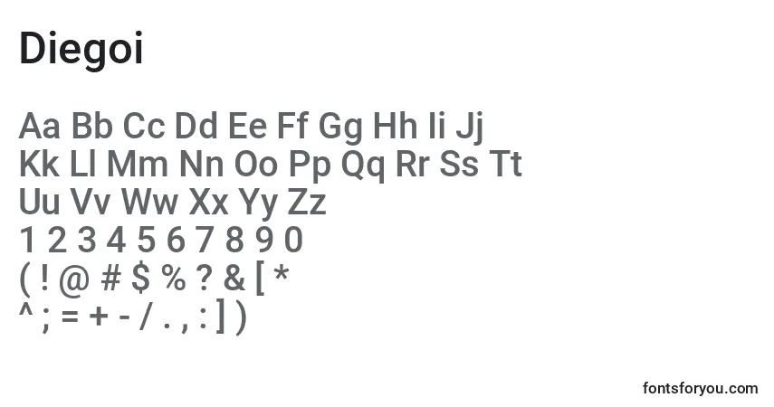 Czcionka Diegoi – alfabet, cyfry, specjalne znaki