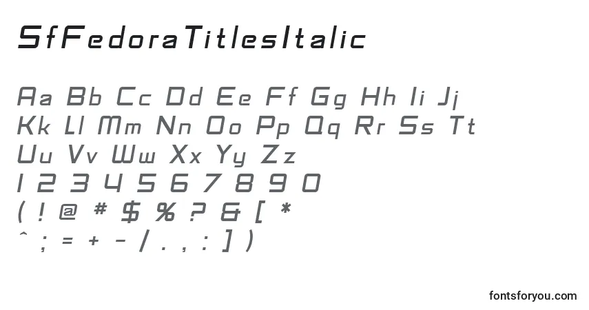 Czcionka SfFedoraTitlesItalic – alfabet, cyfry, specjalne znaki