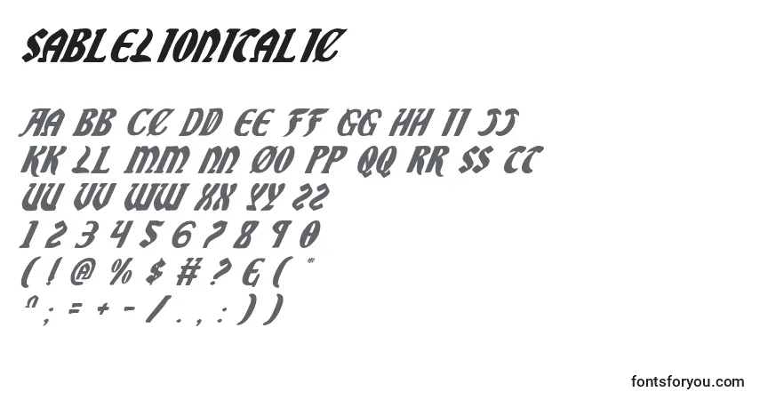 Czcionka SableLionItalic – alfabet, cyfry, specjalne znaki