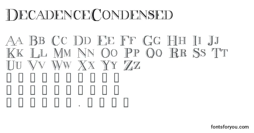 A fonte DecadenceCondensed – alfabeto, números, caracteres especiais