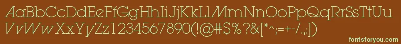 フォントLugaextralightadc – 緑色の文字が茶色の背景にあります。