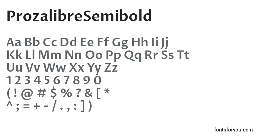A fonte ProzalibreSemibold – alfabeto, números, caracteres especiais