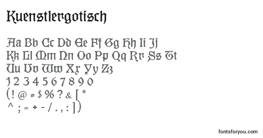 A fonte Kuenstlergotisch – alfabeto, números, caracteres especiais