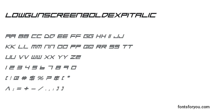 A fonte LowGunScreenBoldExpitalic – alfabeto, números, caracteres especiais