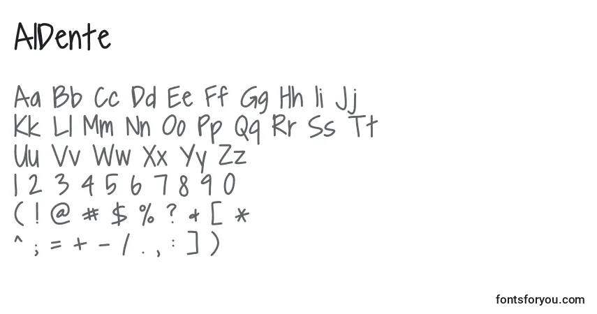 Schriftart AlDente – Alphabet, Zahlen, spezielle Symbole