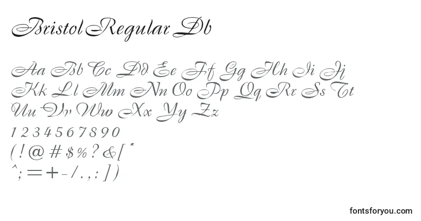 Czcionka BristolRegularDb – alfabet, cyfry, specjalne znaki